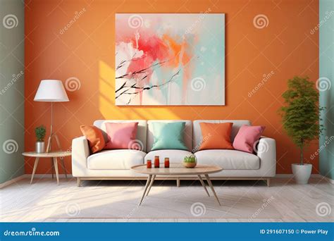 Interior of Modern Living Room with Orange Walls, Wooden Floor and White Sofa with Orange ...