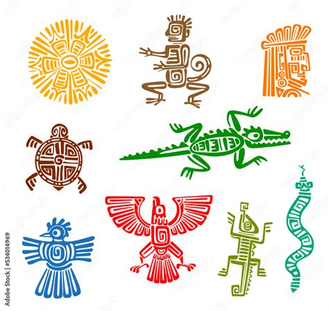 Mayan aztec totems of ancient mexican eagle bird, monkey, snake and Inca god face vector symbols ...