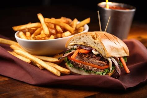 Premium AI Image | Wrapped smoked beef brisket sandwich with fries