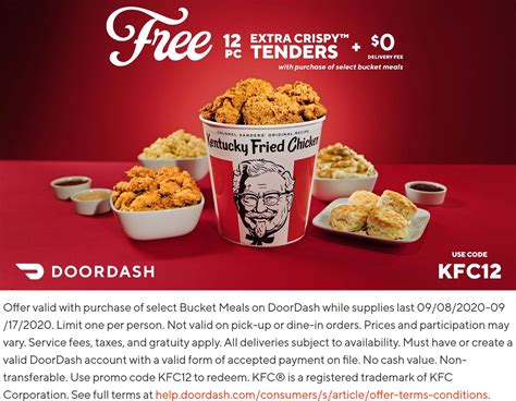 Free 12pc crispy chicken tenders with your bucket meal at KFC via free delivery promo code KFC12 ...