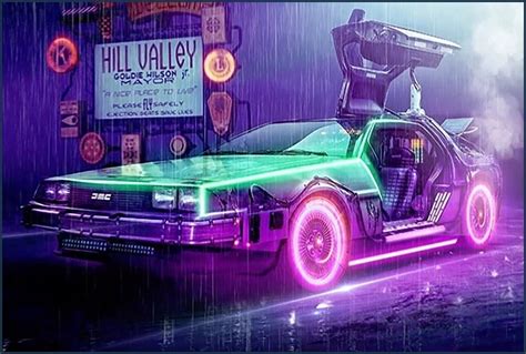 "Back to the Future Themed All Aluminum Sign Features the Classic DeLorean DMC with Neon ...