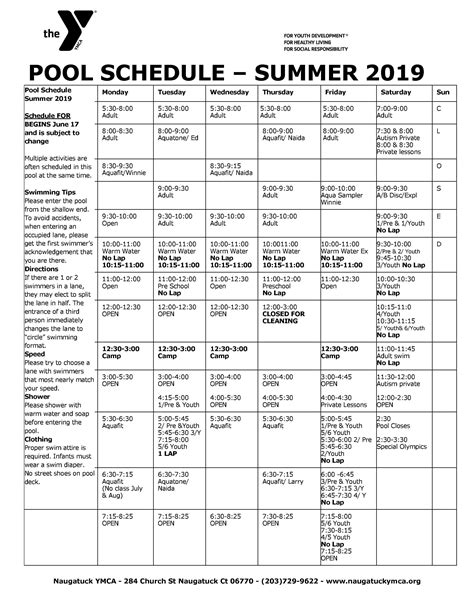 Summer Pool Schedule – NAUGATUCK YMCA