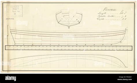 . English: 32 ft Pinnace Scale: 1:24. Plan showing the body plan, sheer ...