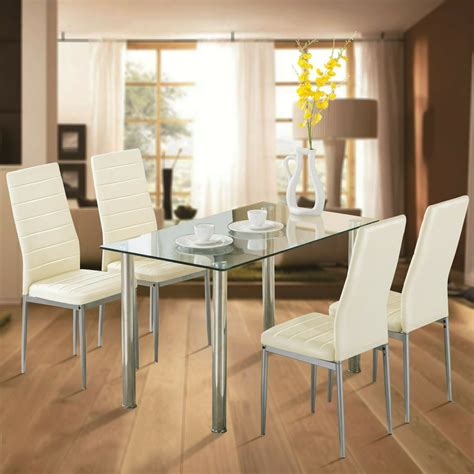 Modern 5 Piece Dining Table Set Tempered Glass Transparent Dining Table with 4pcs Chairs Room ...