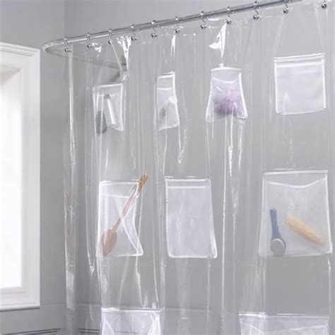 Bath Shower Curtains Water Repellent Mildew Resistant Fabric Shower Curtain With Pockets ...