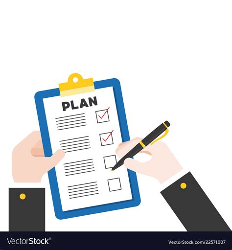 Hand holding pen and clipboard with plan Vector Image