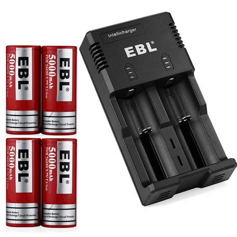 EBL 4-Pack 3.7V 5000mAh 26650 Battery + Battery Charger for AA AAA Ni ...