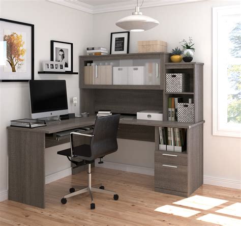 L-shaped Office Desk and Hutch with Frosted Glass Doors in Bark Gray – ComputerDesk.com