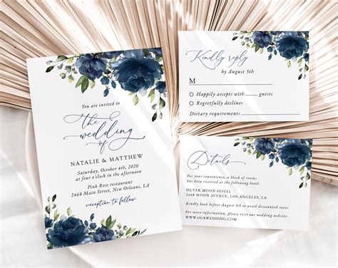 Navy Blue Flowers Wedding Invitation Suite - Wedding Stationery