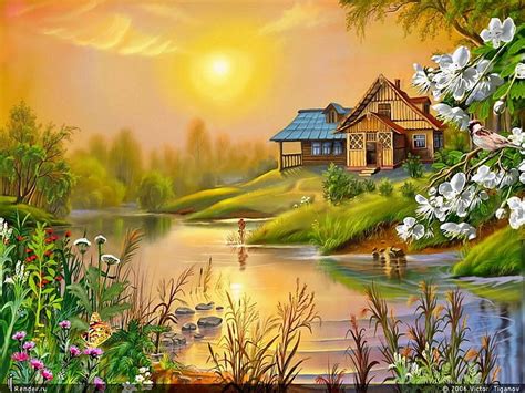 Landscape painting, art, cottage, painting, nature, river, sunrise, HD wallpaper | Peakpx