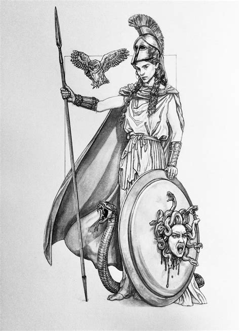 Athena Original Ink and Wash Drawing Done for a 2022 Inktober List Based on Greek Gods and ...