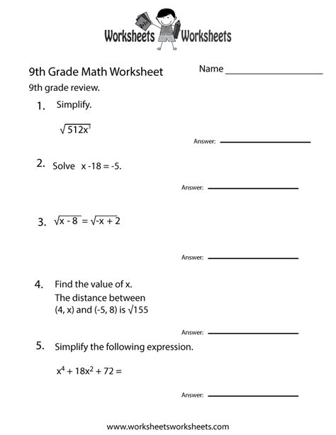 Free Printable Ninth Grade Math Practice Worksheet