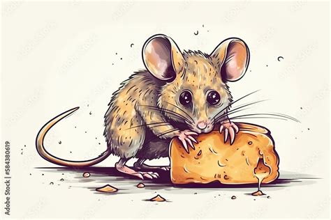 Mouse and cheese. Illustration of the mouse eating the cheese. AI ...