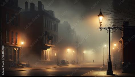 a foggy street with a lamp post and street lights on a foggy night in the town of a city with ...