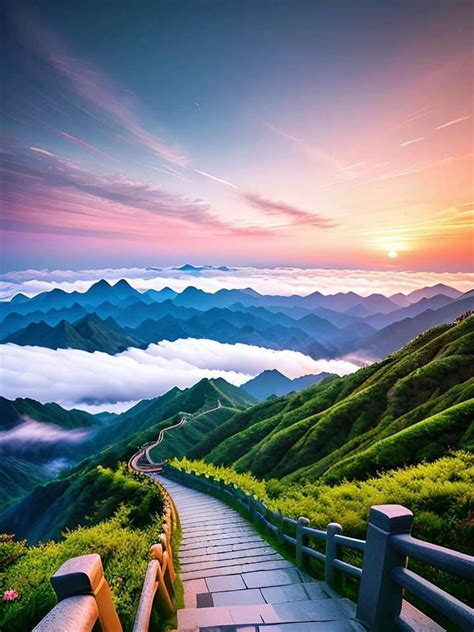 a path leading to the top of a mountain with clouds and mountains in the background