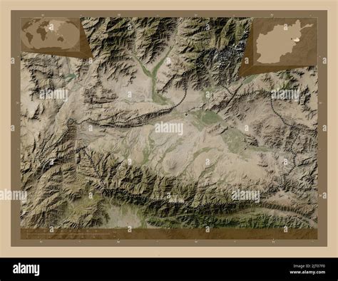 Nangarhar, province of Afghanistan. Low resolution satellite map. Corner auxiliary location maps ...