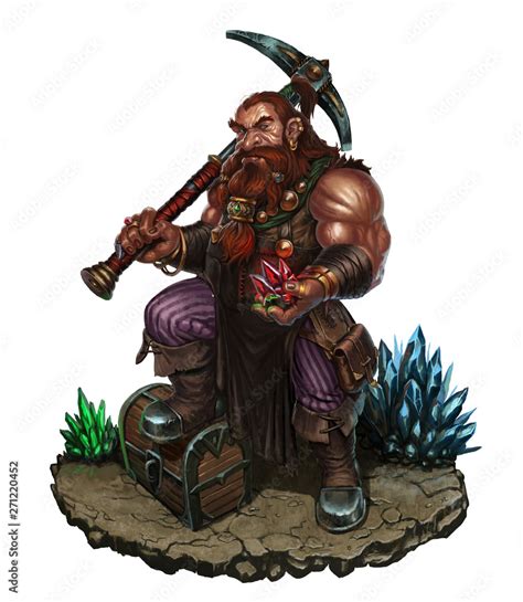 Dwarf with a pick and diamonds on rock realistic illustration isolated. Stock Illustration ...