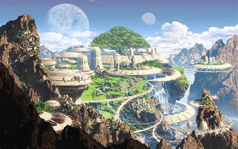 Artwork Fantasy Art Mountains Old Town Moon Futuristic » WallDevil - Best free HD desktop and ...