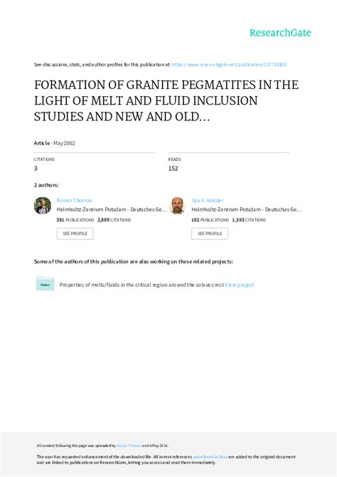 (PDF) Formation of Granite Pegmatites in the Light of Melt and Fluid Inclusion Studies and New ...