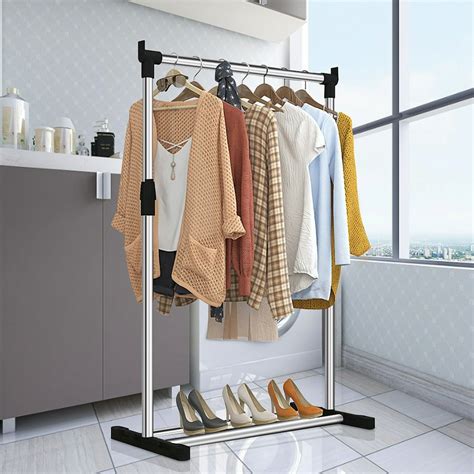 Clothes Rack Single Rail/Double Rail Adjustable Clothing Garment Rack Shoes Rack Clothes Drying ...