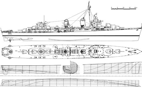 Fletcher-class destroyer Blueprint - Download free blueprint for 3D modeling