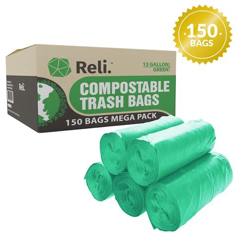 Reli. Compostable 13 Gallon Trash Bags (150 Bags) Green, Eco-Friendly Trash Bags 13 Gallon ...