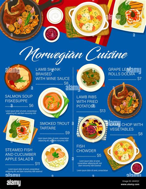 Norwegian cuisine menu vector design with meat, fish and vegetable food dishes. Lamb with fried ...