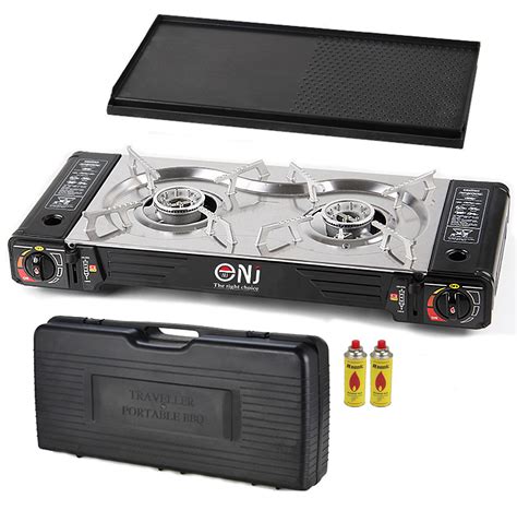 Stove + 10 Canisters NJ SG-2 Portable Camping Gas Stove Double Burner BBQ Cooker Butane Outdoor ...