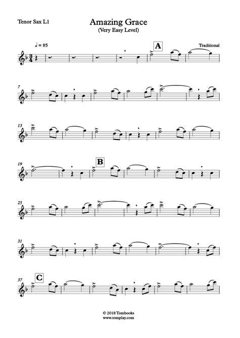 Amazing Grace (Very Easy Level, Tenor Sax) (Traditional) - Saxophone Sheet Music