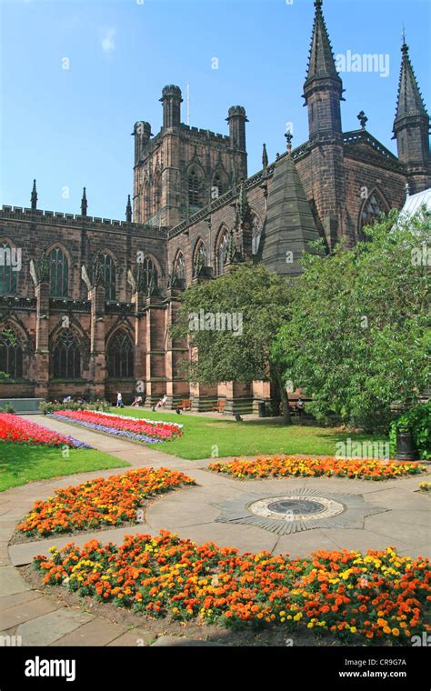 cathedral from gardens Chester Cheshire England UK Stock Photo - Alamy