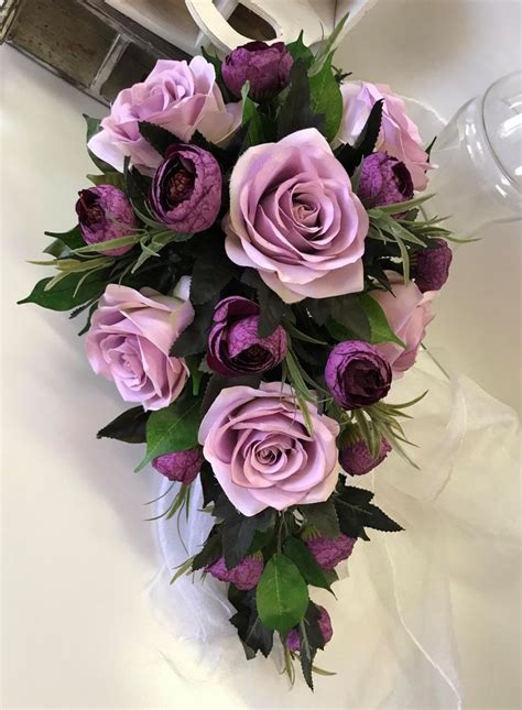 SILK WEDDING BOUQUET LILAC LAVENDER ROSES PURPLE RANUNCULUS TEARDROP FLOWERS | eBay | Silk ...