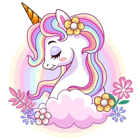 Premium Vector | Cartoon beautiful unicorn head is on the cloud with beautiful flowers