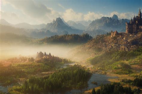 Premium Photo | A beautiful valley old medieval fantasy town and castle concept art