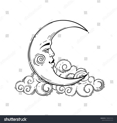 Magic Crescent Moon Face Line Drawing Stock Vector (Royalty Free) 1780531514 | Shutterstock