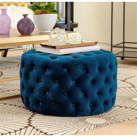 Abbyson Ella Blue Tufted Round Velvet Ottoman (Round - Blue - Polyester/Fabric/Upholstered ...