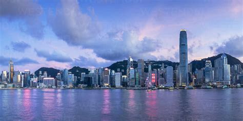 Skyline of Hong Kong Island at sunset, Hong Kong, China, Asia stock photo