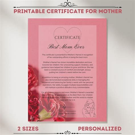 Best Mom Ever Certificate Personalized Gift Mother's Day - Etsy