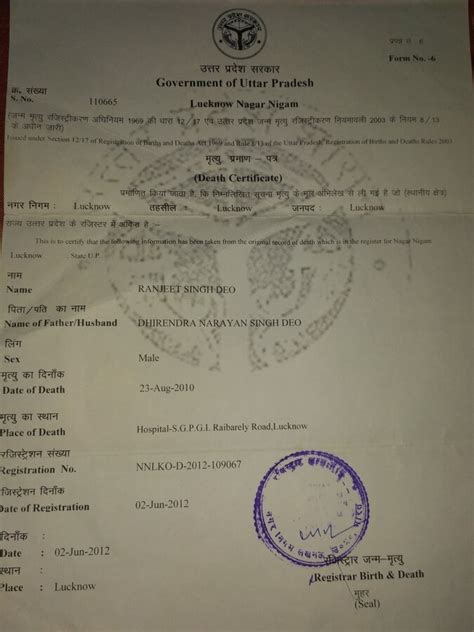 Lucknow Nagar Nigam — Regarding death certificate