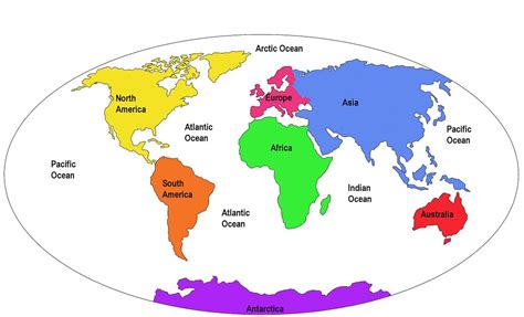 World Map Showing Continents Oceans And Seas