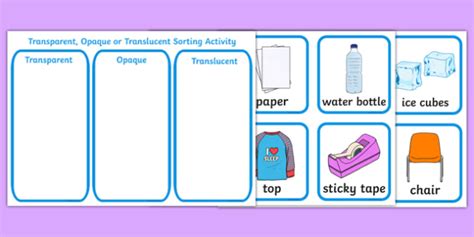 Transparent, Opaque and Translucent Sorting Activity