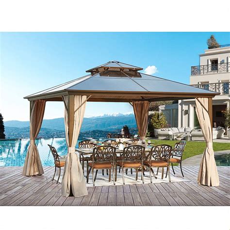 Erommy 12'x12' Outdoor Polycarbonate Double Roof Hardtop Gazebo Canopy Curtains Aluminum Frame ...