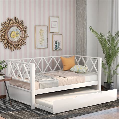 Twin Daybed Bed Frames, Solid Wood Twin Size Bed with Roll-Out Trundle, White - Walmart.com