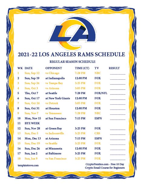 Printable 2021-2022 Los Angeles Rams Schedule