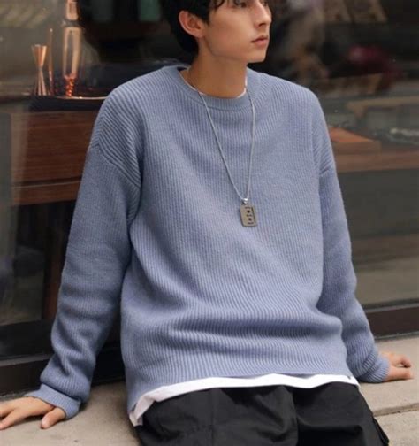 Mens KPOP Style Crew Neck Loose Fit Sweater | Sweater outfits men, Streetwear men outfits ...