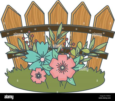 floral nature flowers garden in front wooden fence cartoon vector illustration graphic design ...