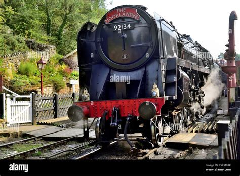 BR Standard class 9F locomotive No 92134 at Goathland station, North Yorkshire Moors Railway ...