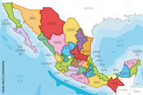 Vector illustrated map of Mexico with regions or states and administrative divisions, and ...