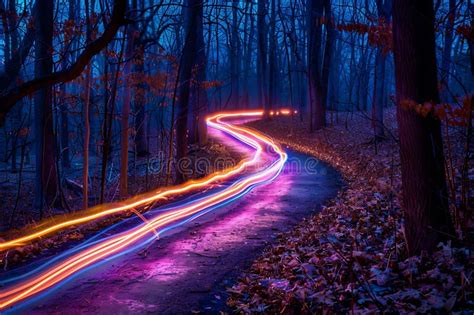 Colorful Light Trails Winding through a Dark Forest Path at Night ...