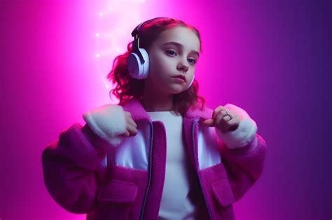 Premium AI Image | Girl listening to music with wireless headphones neon light Neural network AI ...