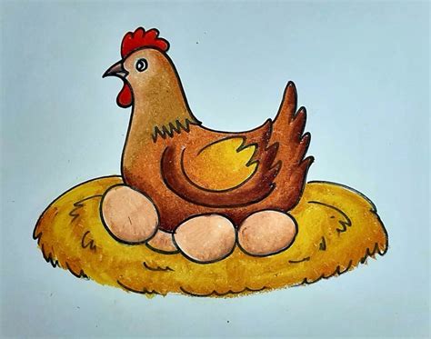 Hen with eggs | Art drawings for kids, Oil pastel drawings easy, Nature art drawings